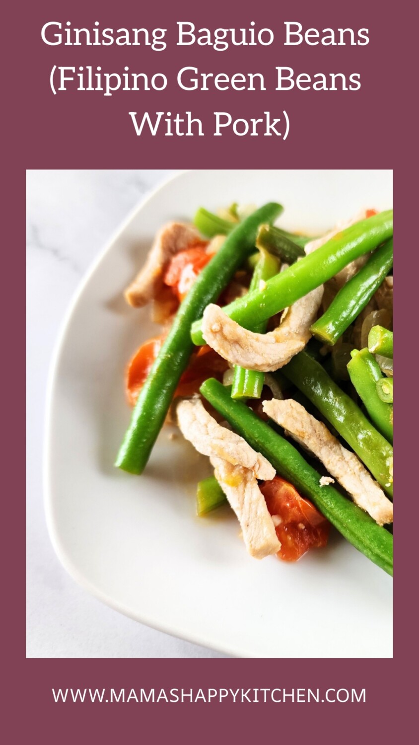 Today, I'm super excited to share another yummy Filipino recipe, Ginisang Baguio Beans, which is a simple dish made with fresh green beans, tomatoes, and pork. This dish is super delicious and great for anyone who wants a quick Filipino meal. Many recipes use ground pork. I used thinly sliced pork cutlets instead. If you want, you can substitute almost any kind of meat, including ground pork or ground beef. You can either eat it as a full meal over rice, or as a side dish.