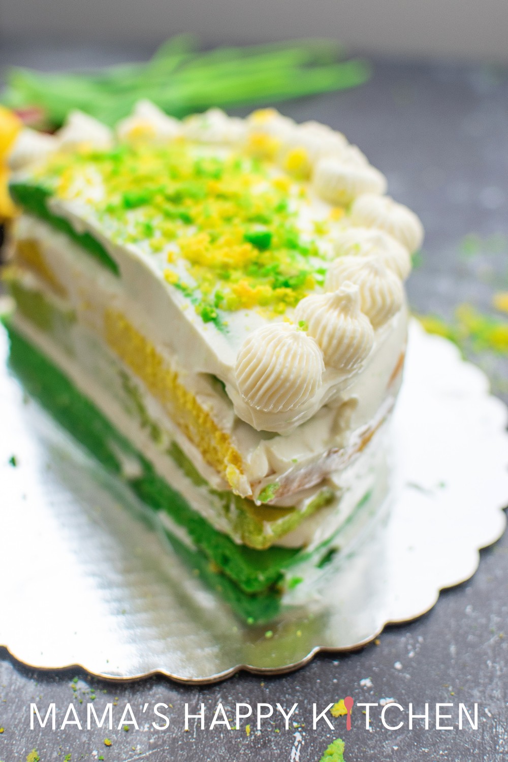 The luck of the Irish is in every bite of this St. Patrick's Day green rainbow cake. It's bright, happy colors are just the thing to bring some shamrock and gold to the end of the rainbow. I made four layers, but you can make as many (or as little) as you want. You can also change out the colors, if you want an actual rainbow. Below, I included a mascarpone cheese substitution, too, if you can't find it. The cake itself is a simple vanilla cake, but not overpoweringly so.