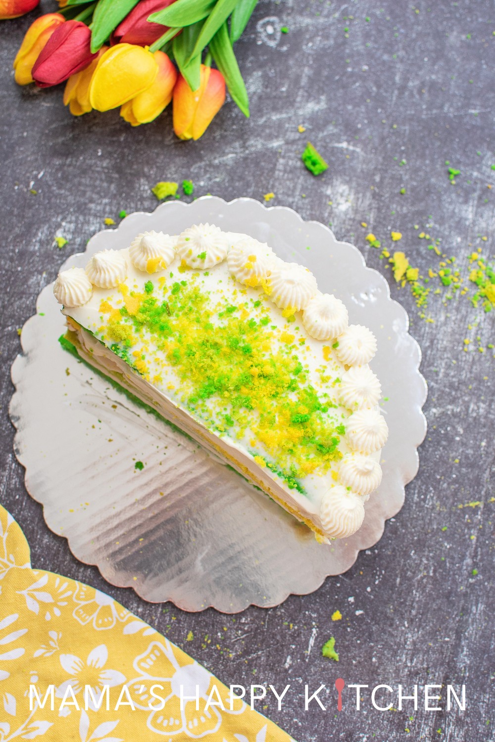 The luck of the Irish is in every bite of this St. Patrick's Day green rainbow cake. It's bright, happy colors are just the thing to bring some shamrock and gold to the end of the rainbow. I made four layers, but you can make as many (or as little) as you want. You can also change out the colors, if you want an actual rainbow. Below, I included a mascarpone cheese substitution, too, if you can't find it. The cake itself is a simple vanilla cake, but not overpoweringly so.
