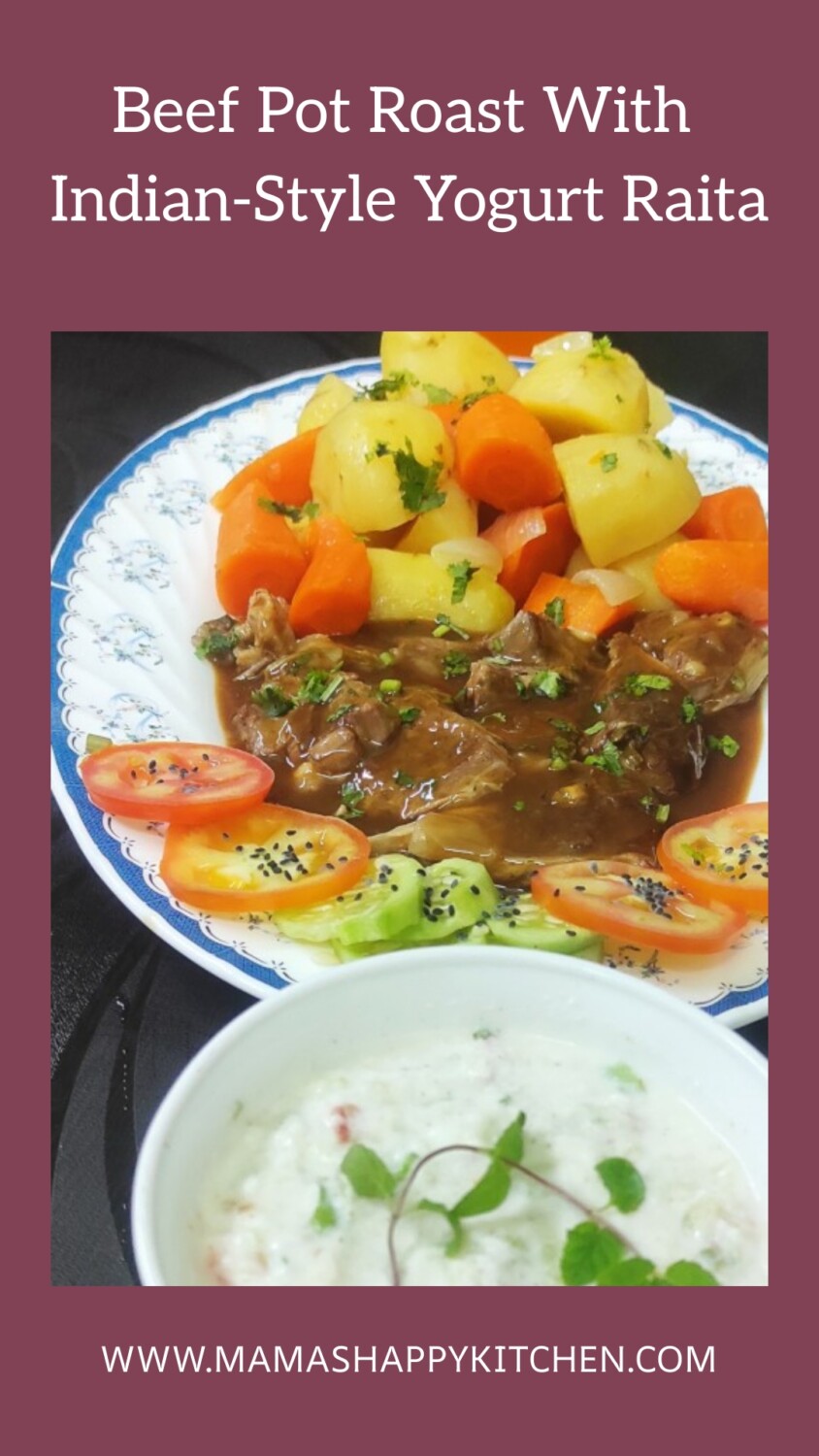 Just in time for Thanksgiving if you don't love turkey: Beef Pot Roast with Indian-Style Yogurt Raita. This recipe is inspired by how much I love yogurt raita and to try something a little different for Thanksgiving this year.