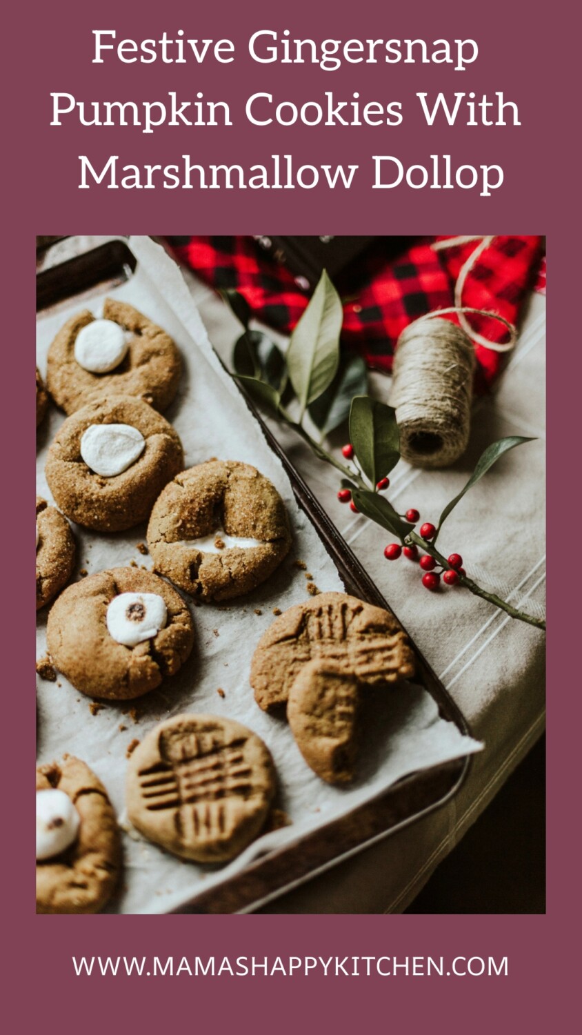 These gingersnap pumpkin cookies feature a delicious marshmallow dollop in the center. It isn't difficult to flatten the mini marshs, and they bake so nicely on top of these cookies. Perfect with a nice cup of coffee, a warm blanket, and a good book. Or leaving out for Santa Claus. They also feature a wee bit of pumpkin spice to spice up your holiday season. The recipe for these cookies is surprisingly simple, requiring only basic baking ingredients along pumpkin puree and pumpkin spice.