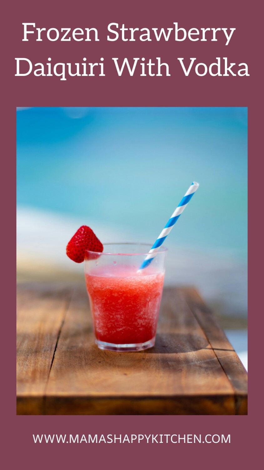 This frozen strawberry daiquiri recipe with vodka has got to be one of my most popular drinks. I serve it at almost every party, and people line up for it. The NutriBullet is going at a constant whirl! The secret to make this drink not watery is to use frozen strawberries. You can either them in the bag at the grocery store, or if you want some extra delicious flavor, go strawberry picking, slice off the tops, and throw them into the freezer for your party ... or just because you feel like one.