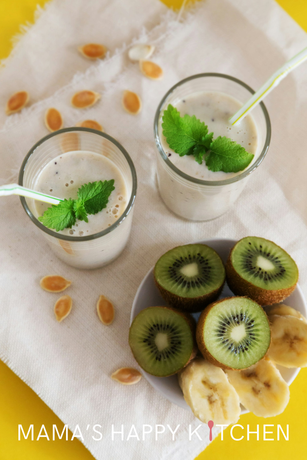 I created another smoothie recipe for y'all, this creamy and smooth kiwi banana yogurt smoothie. I just love how the color turned out. It gets its white milky color from the banana and yogurt, which kind of washes out the kiwi green. If you want some power greens, you can add spinach or kale, but really, it isn't necessary. It has a nice, thick consistency, too. The natural sweetness of the ripe bananas means you don’t need to add extra sugar, making it a healthier option.