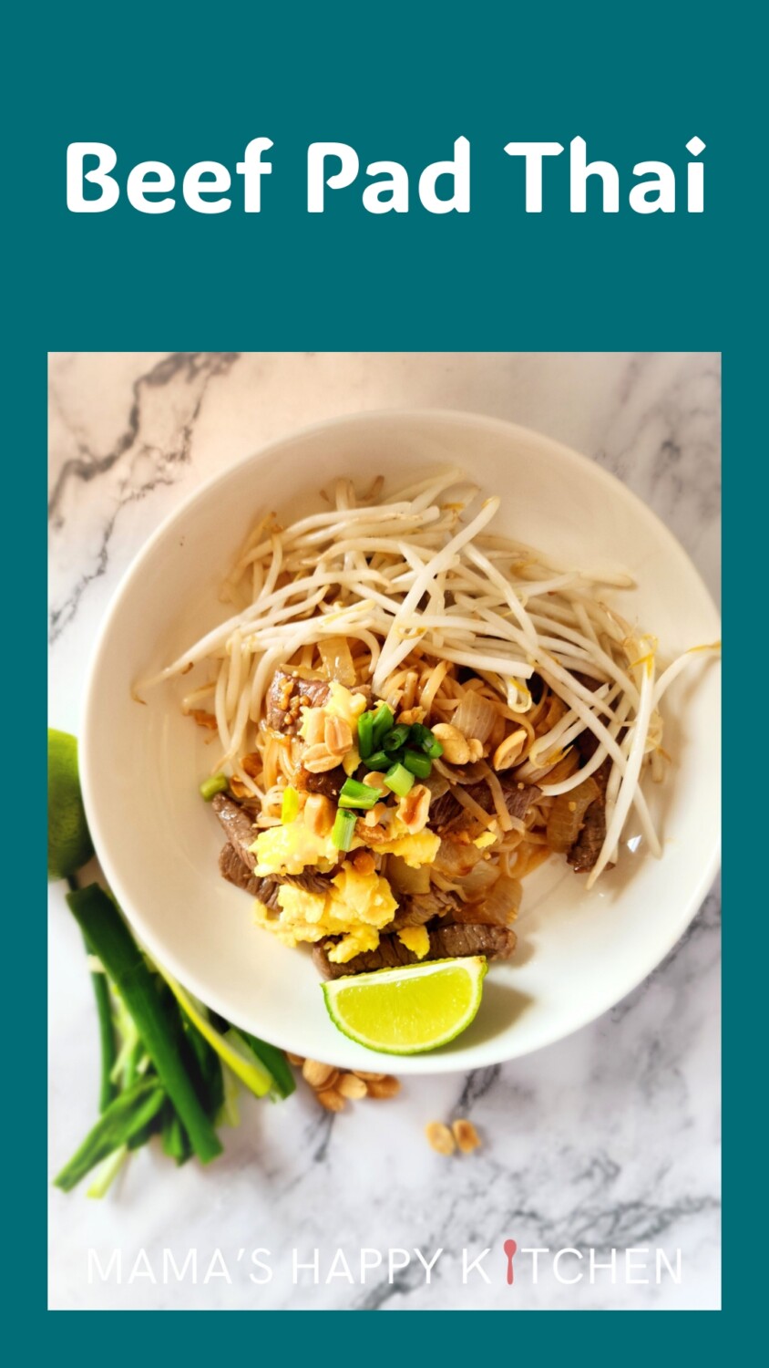 This beef Pad Thai recipe features thinly sliced pieces of cooked beef, rice noodles, and my special Pad Thai sauce without tamarind. It's very similar to my chicken and shrimp Pad Thai, but made for beef lovers. Although beef can be expensive, this recipe has just one pound of it, so it goes a long way. Fresh vegetables like bean sprouts, carrots, and green onions add crunch and color, making the dish both visually appealing and nutritionally balanced, but also to help counteract the salt.